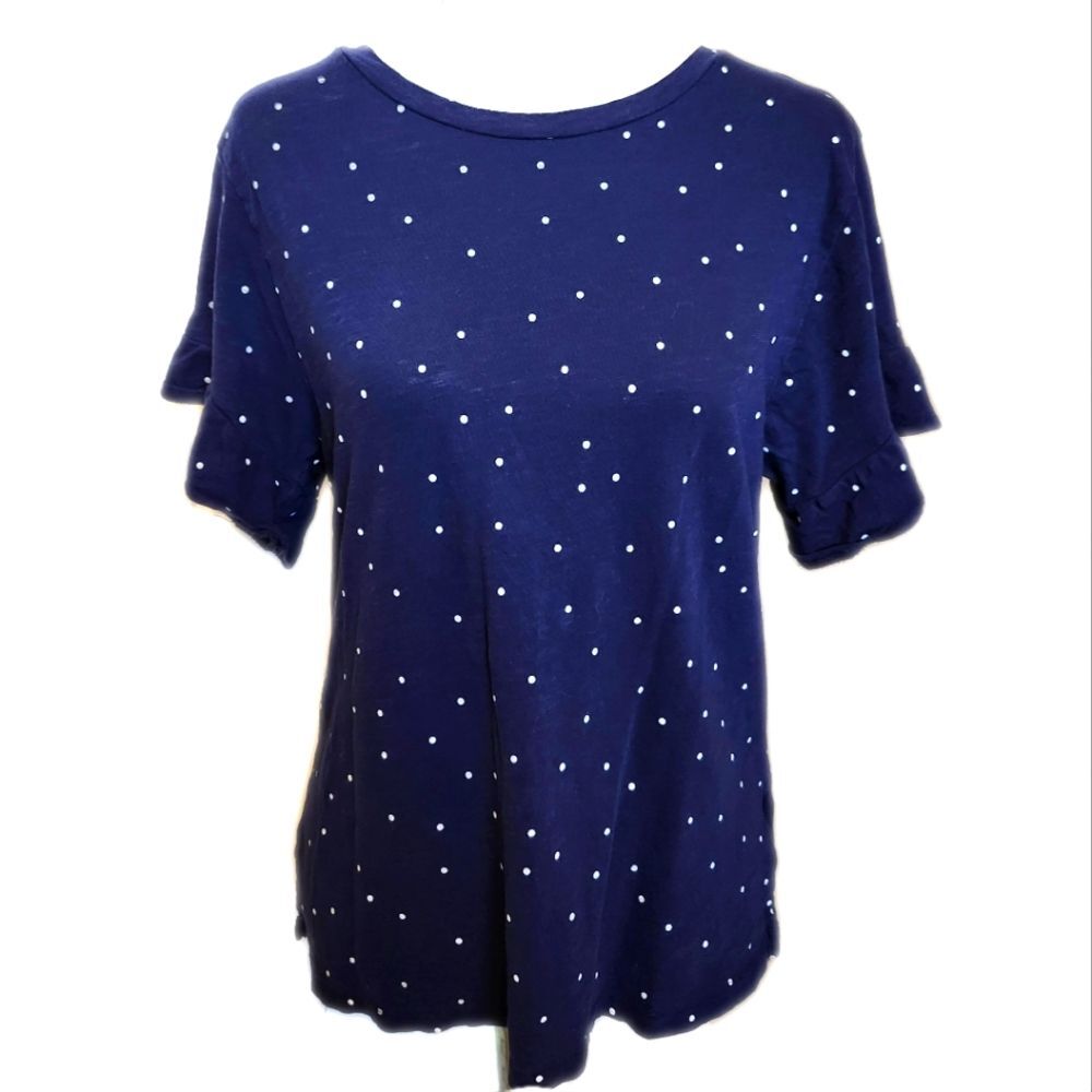 Old Navy ruffled sleeve tee, navy blue with white polka dots, S
